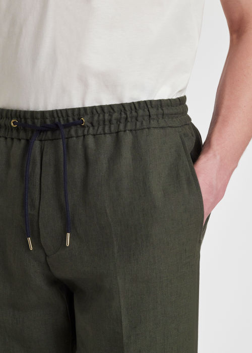 Model View - Men's Olive Green Linen Drawstring Trousers Paul Smith